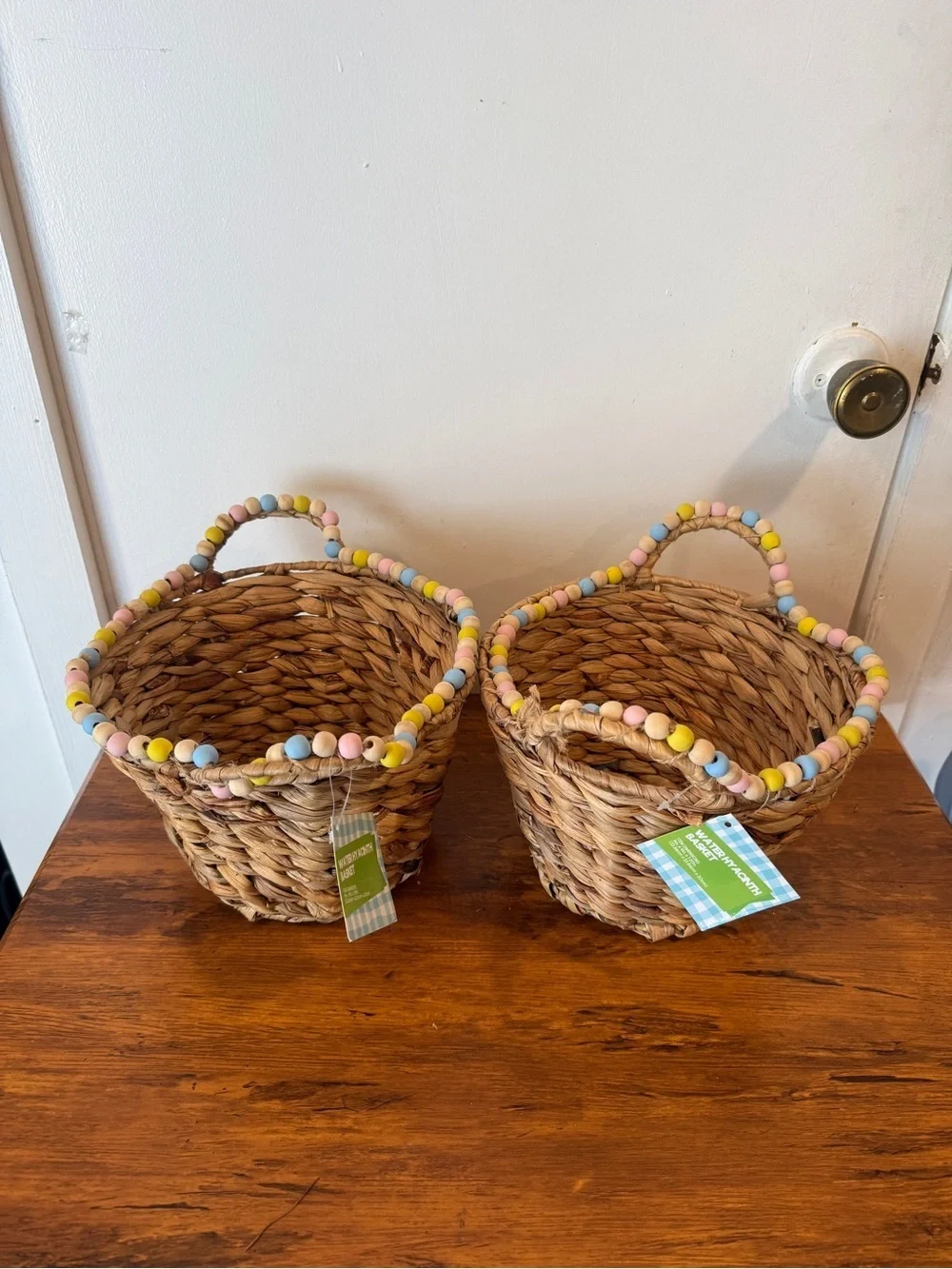 Woven Seagrass Basket Pair with Pastel Bead Trim